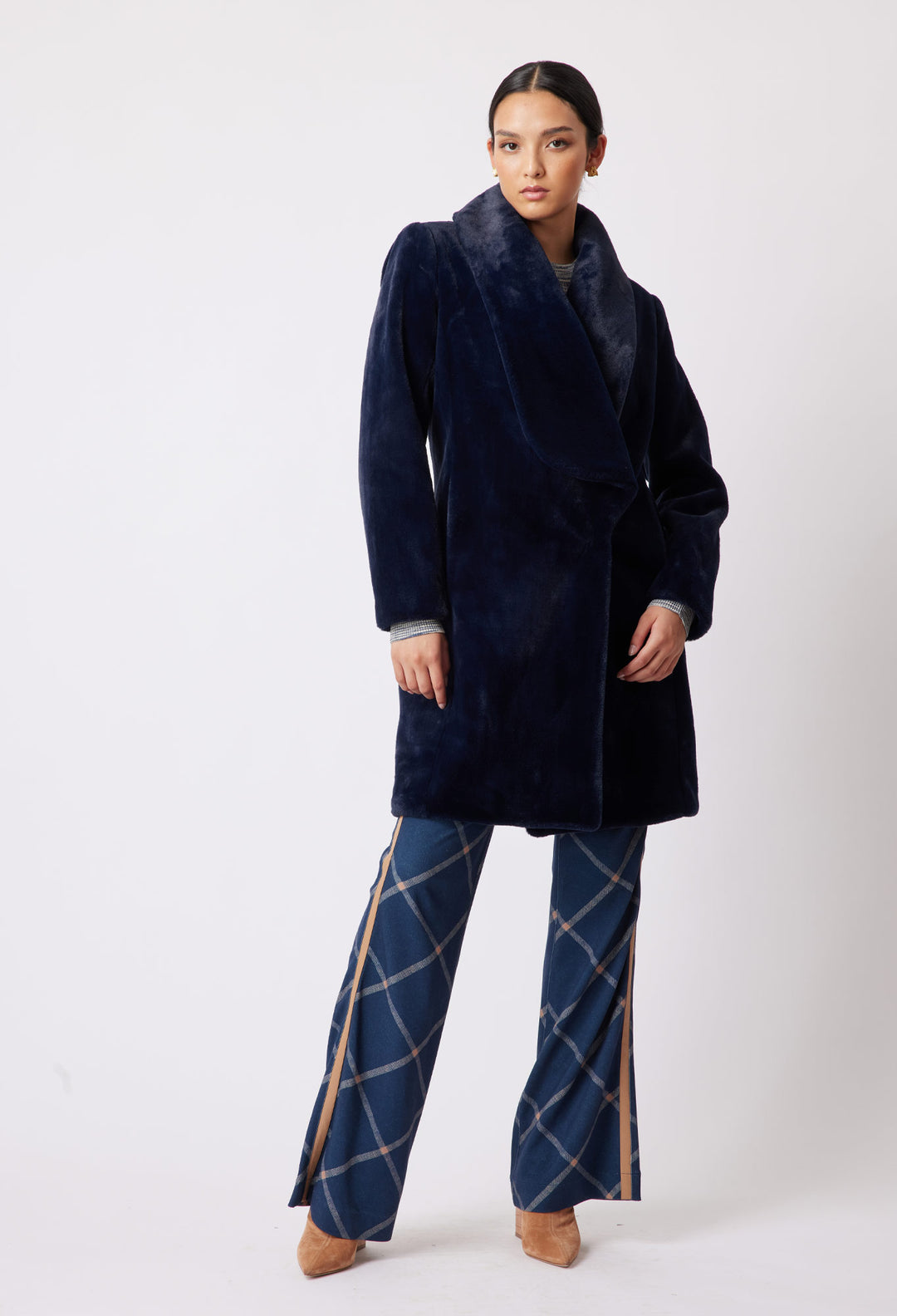 OnceWas Serena Faux Fur Coat in Navy