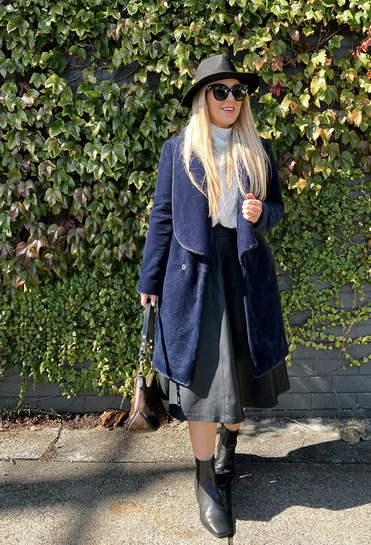 OnceWas Serena Faux Fur Coat in Navy