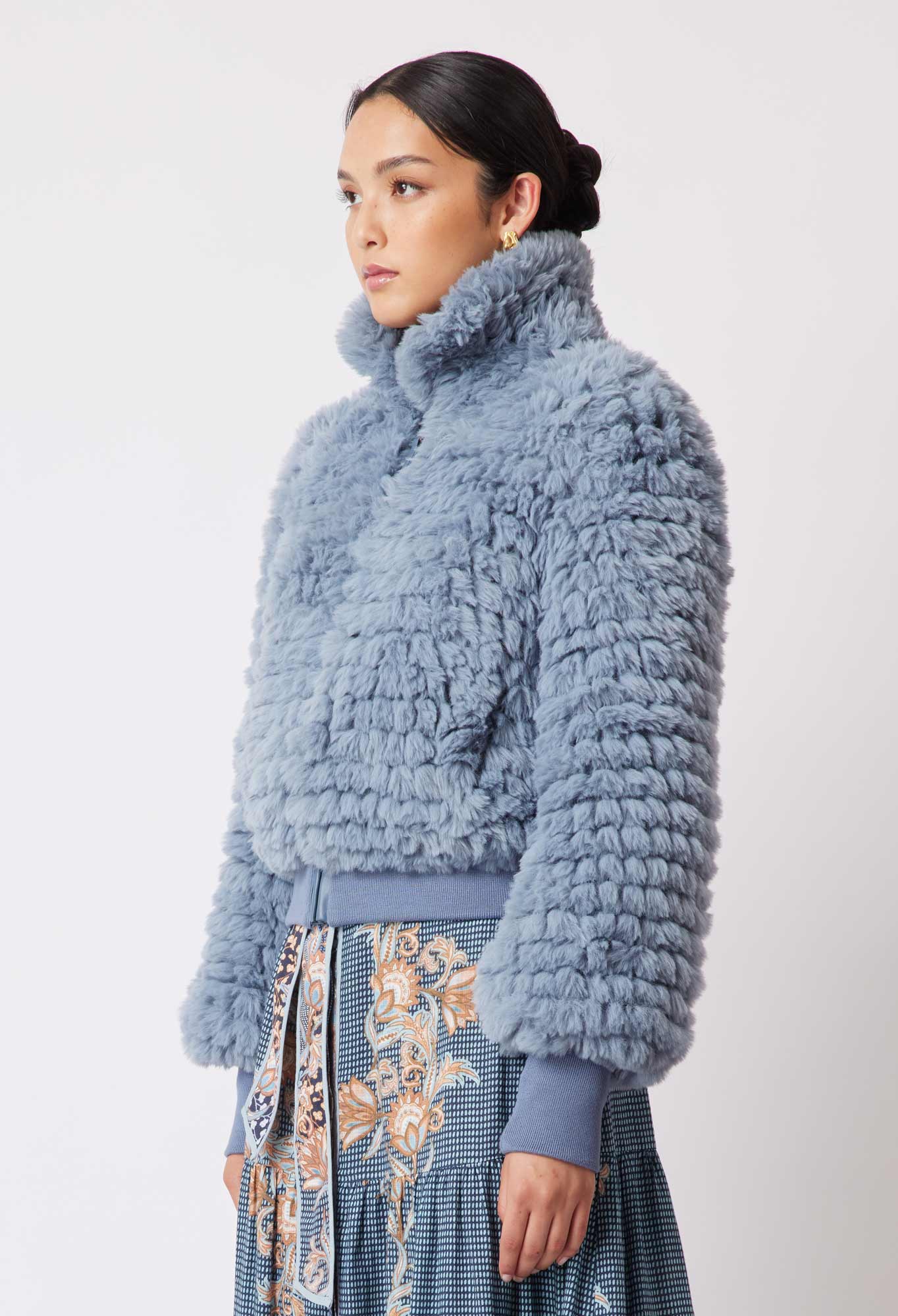 OnceWas Tallitha Faux Fur Bomber Jacket in Sky