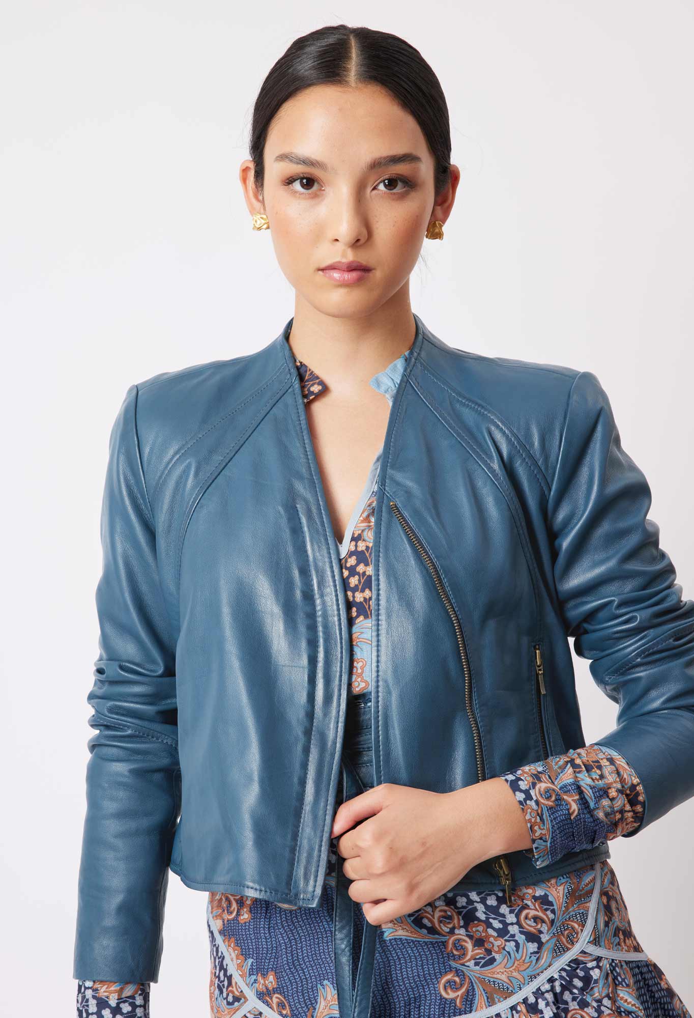 OnceWas Mahal Leather Jacket in Steel Blue