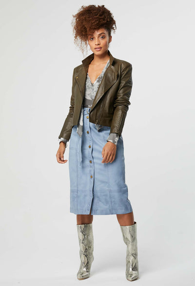 Once Was Cognition Washed Leather Midi Skirt Chambray