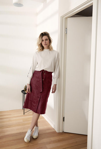 Once Was Oakley Washed Leather Midi Skirt Vino