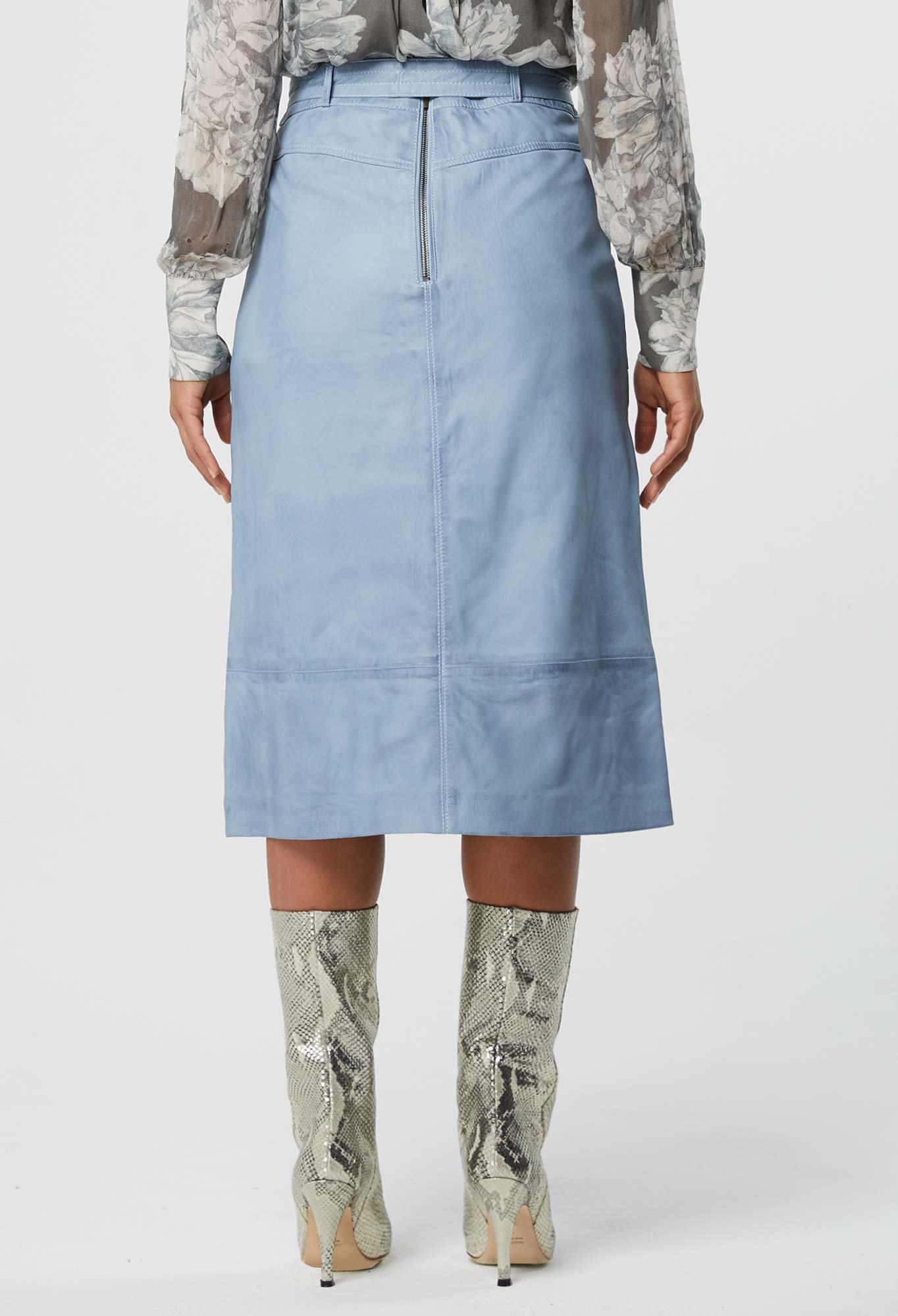 Once Was Cognition Washed Leather Midi Skirt Chambray