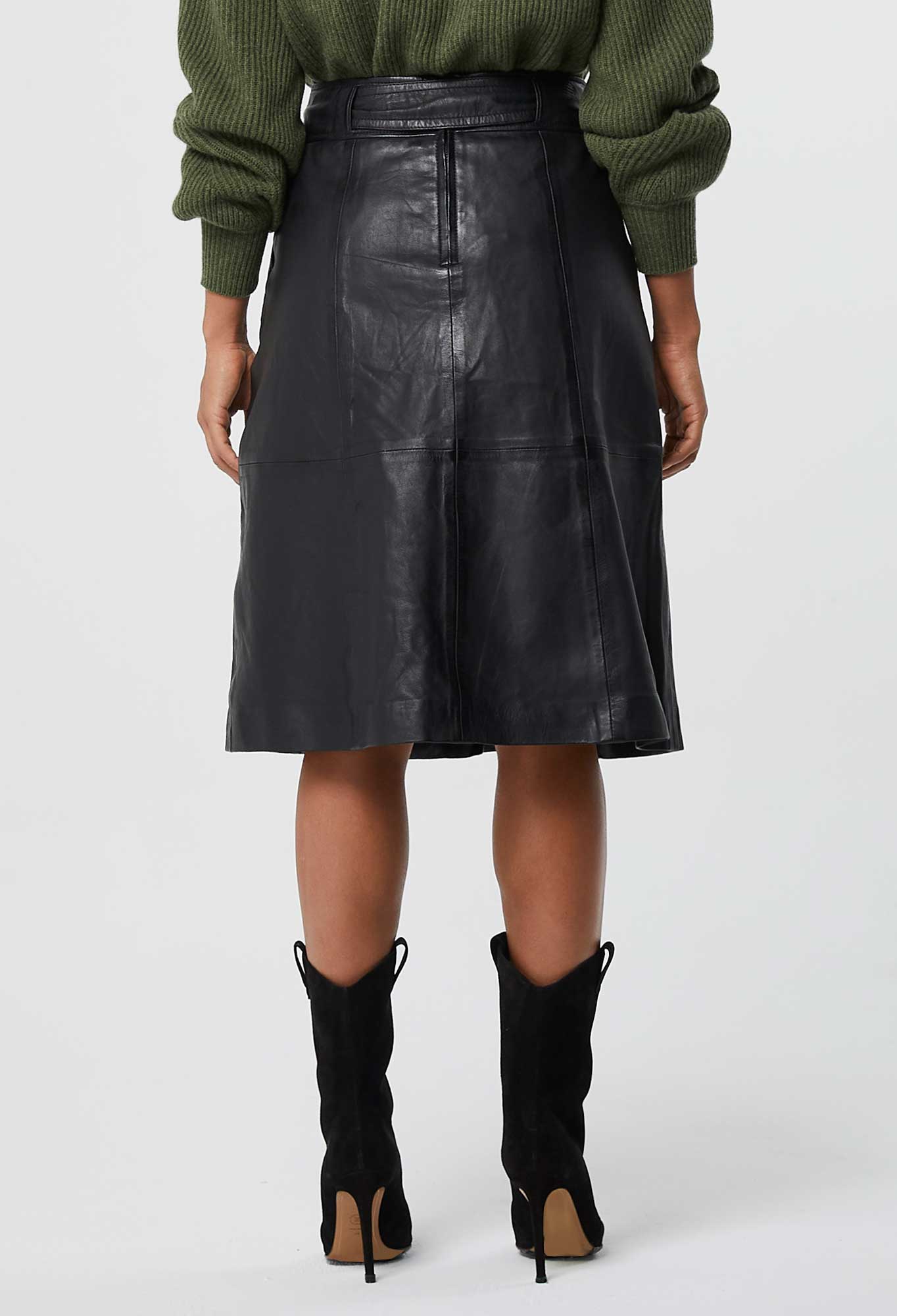 Once Was Montaigne Flared Leather Skirt Black