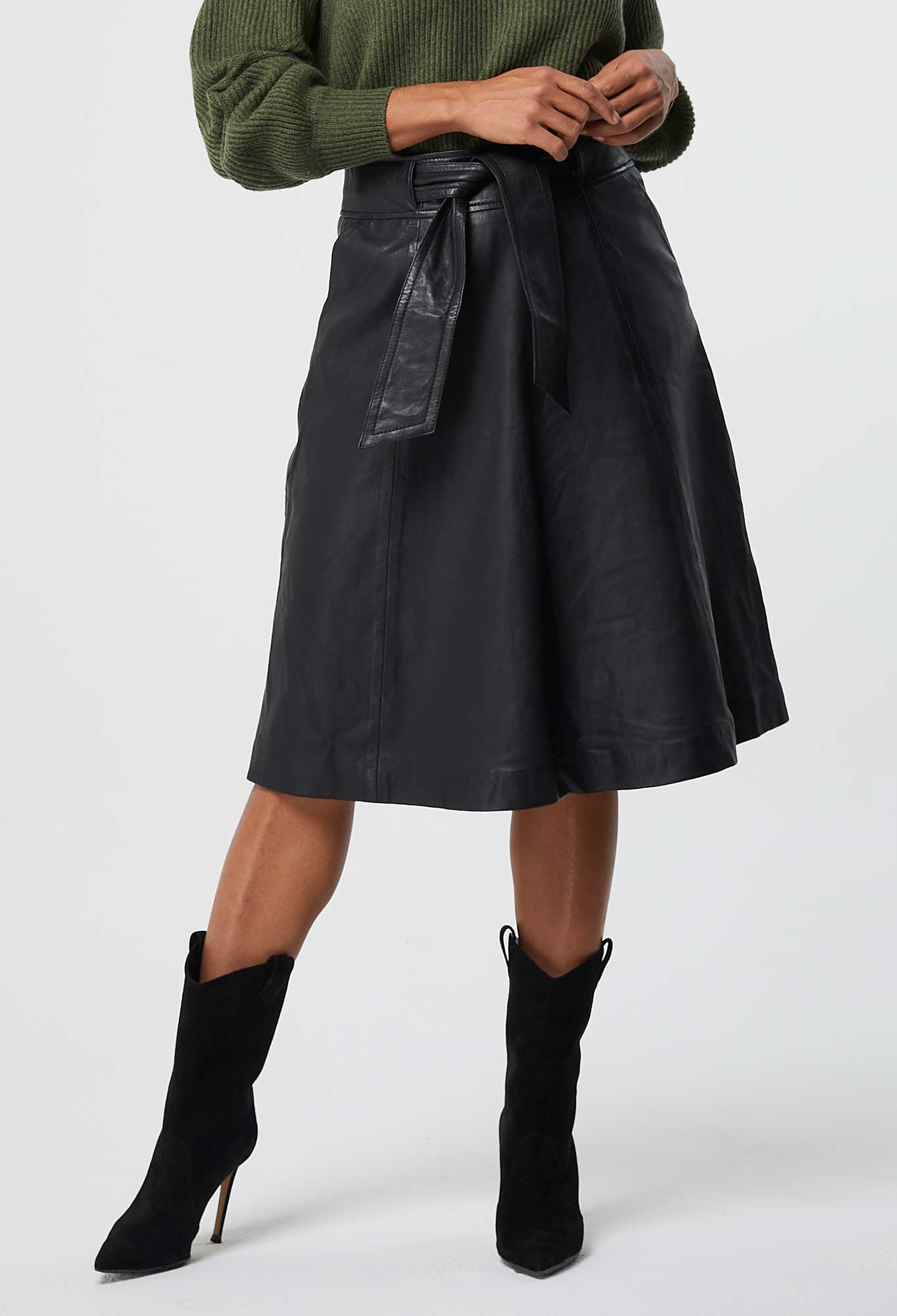 Once Was Montaigne Flared Leather Skirt Black