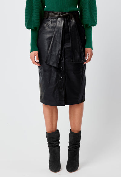 OnceWas Halston Button Through Tie Waist Leather Skirt in Black