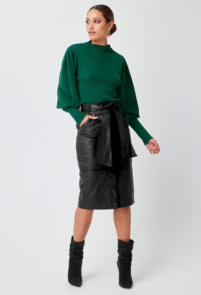 OnceWas Halston Button Through Tie Waist Leather Skirt in Black