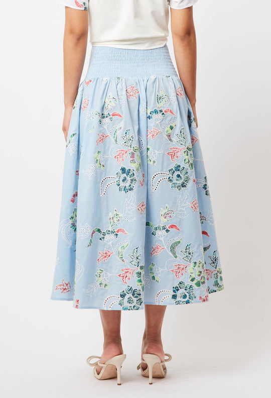 OnceWas Isla Embroidered Cotton Skirt in Chambray Applique