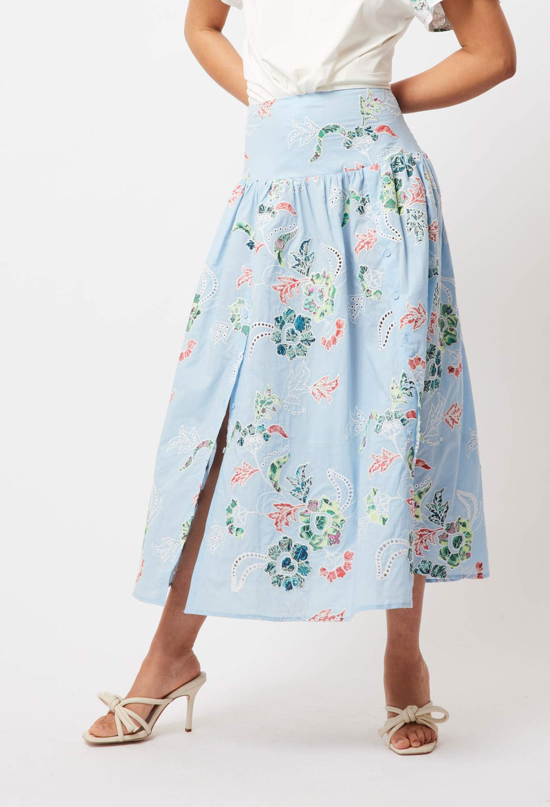 OnceWas Isla Embroidered Cotton Skirt in Chambray Applique