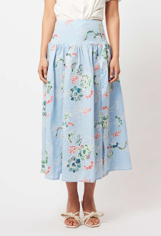 OnceWas Isla Embroidered Cotton Skirt in Chambray Applique