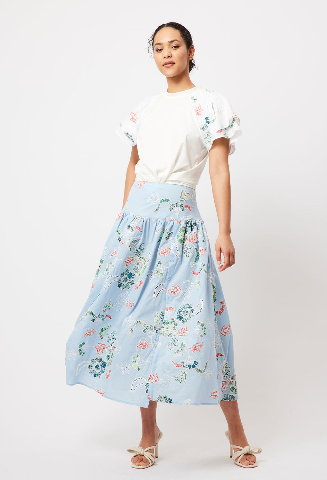 OnceWas Isla Embroidered Cotton Skirt in Chambray Applique