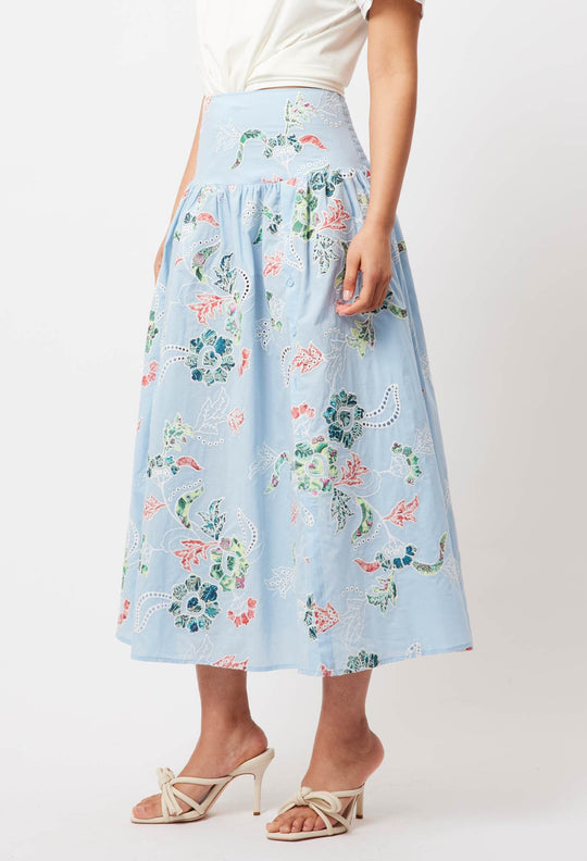 OnceWas Isla Embroidered Cotton Skirt in Chambray Applique