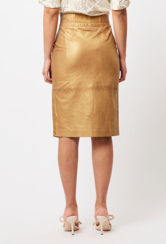 OnceWas Maya Leather Skirt in Gold