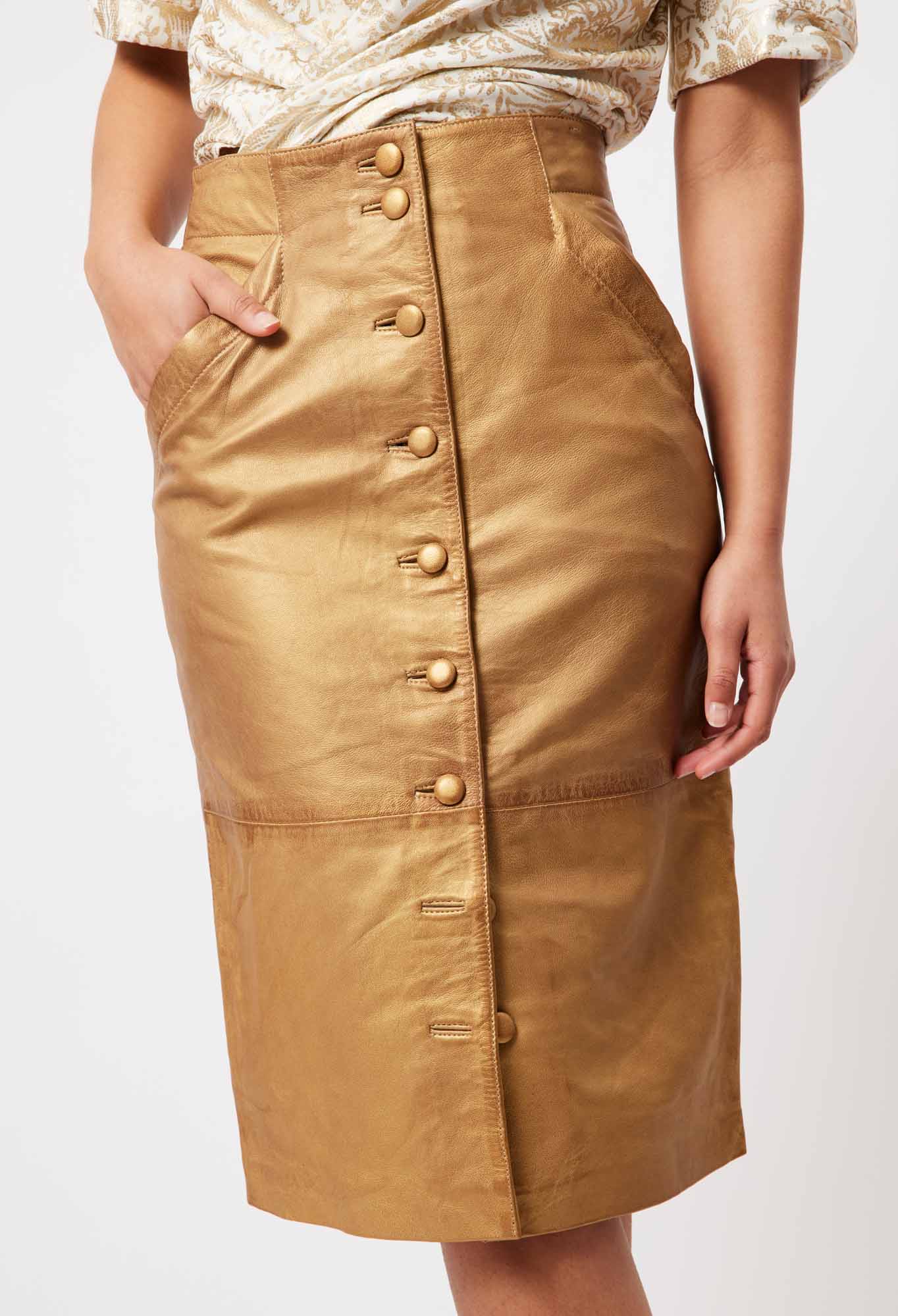 OnceWas Maya Leather Skirt in Gold