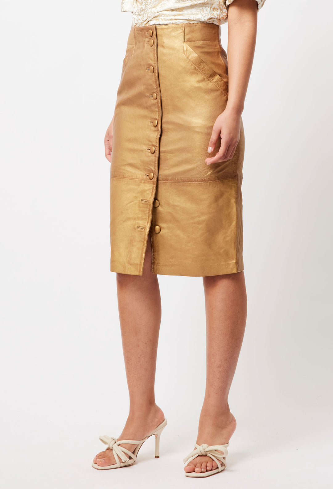 OnceWas Maya Leather Skirt in Gold