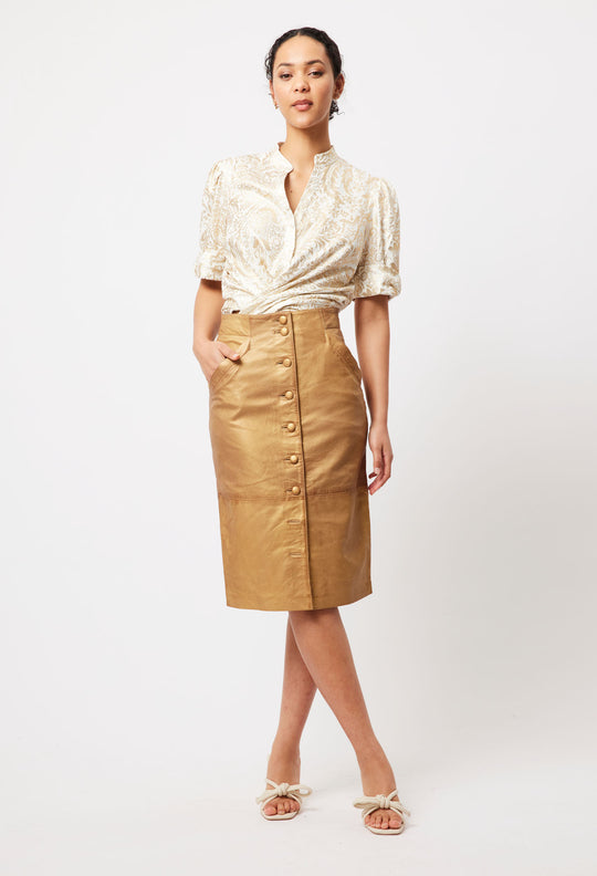 OnceWas Maya Leather Skirt in Gold