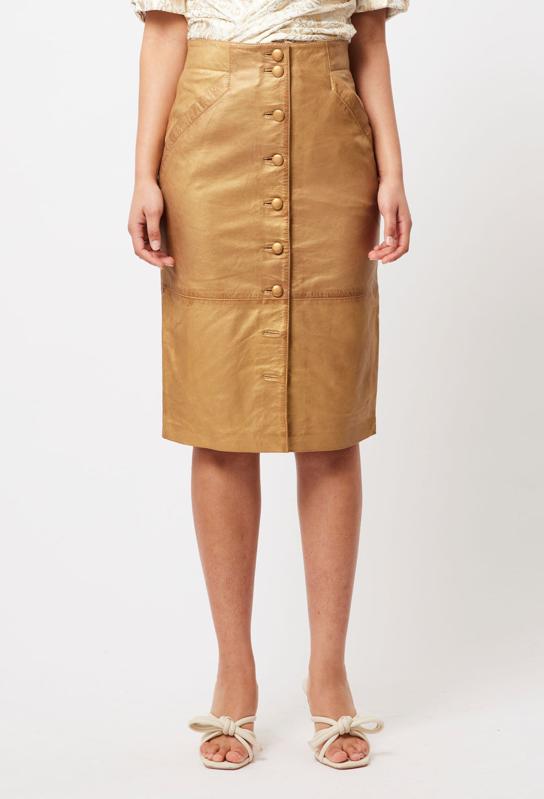 OnceWas Maya Leather Skirt in Gold