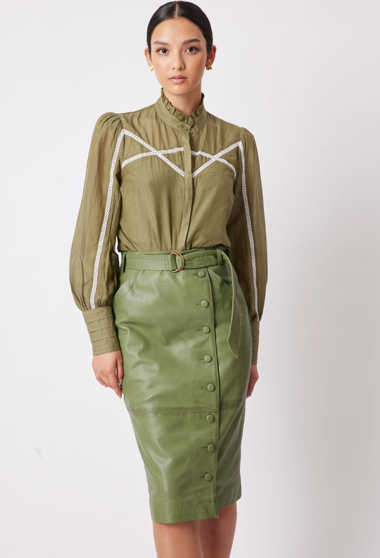 OnceWas Tallitha Leather Skirt in SageOnceWas Tallitha Leather Skirt in Sage