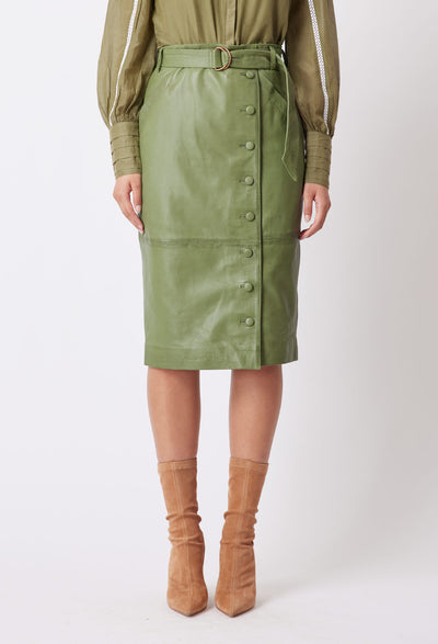 OnceWas Tallitha Leather Skirt in Sage