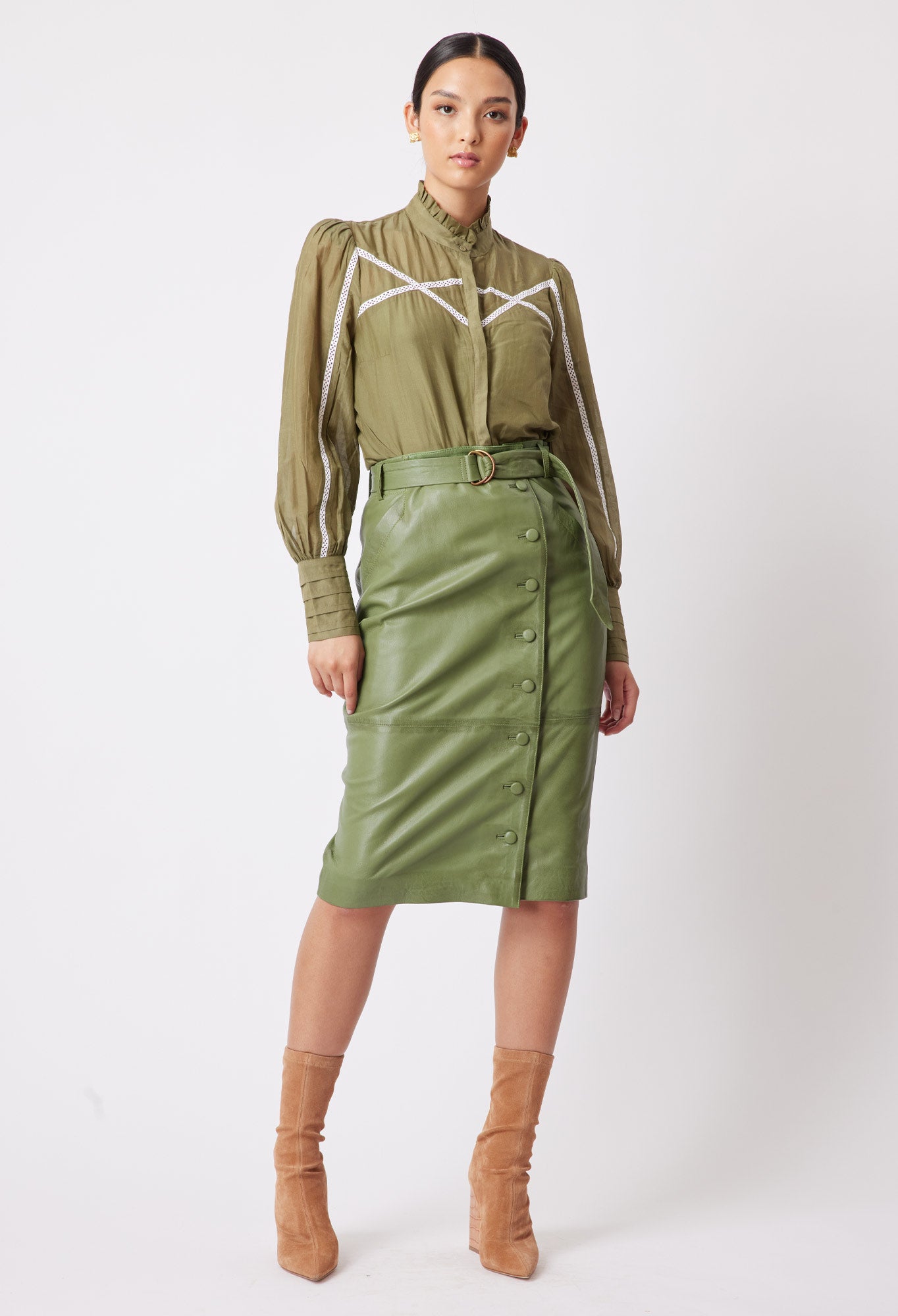 OnceWas Tallitha Leather Skirt in SageOnceWas Tallitha Leather Skirt in Sage