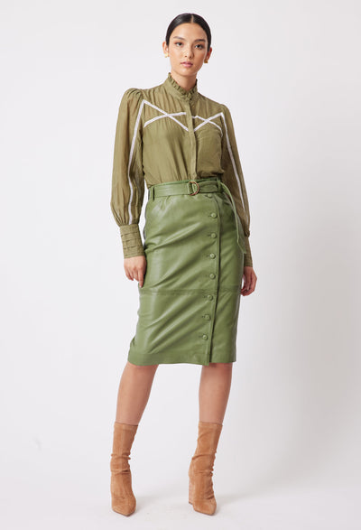 OnceWas Tallitha Leather Skirt in SageOnceWas Tallitha Leather Skirt in Sage