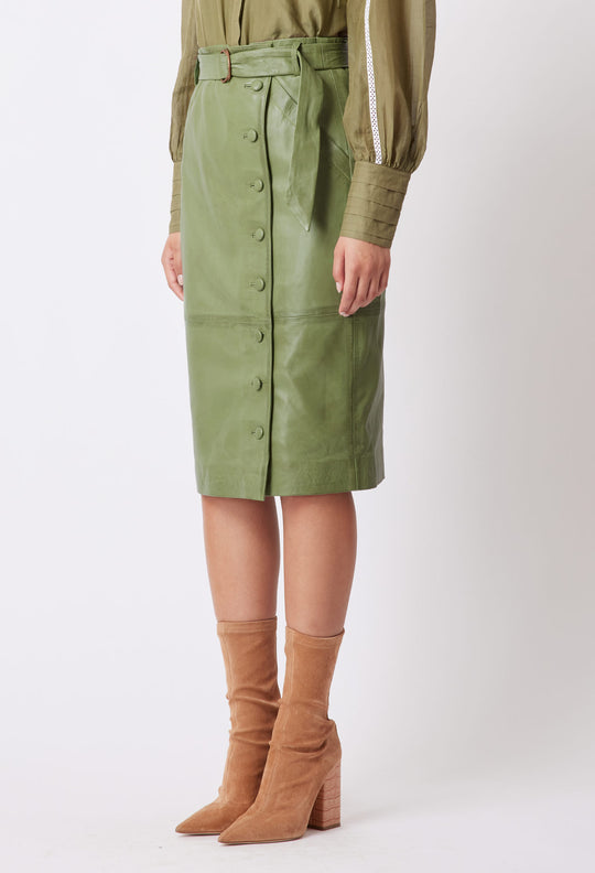 OnceWas Tallitha Leather Skirt in Sage