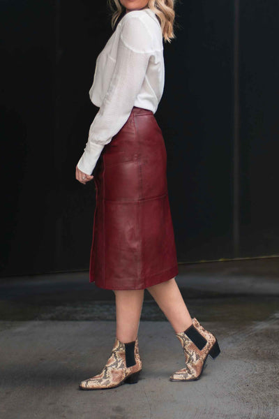 Once Was Oakley Washed Leather Midi Skirt Vino